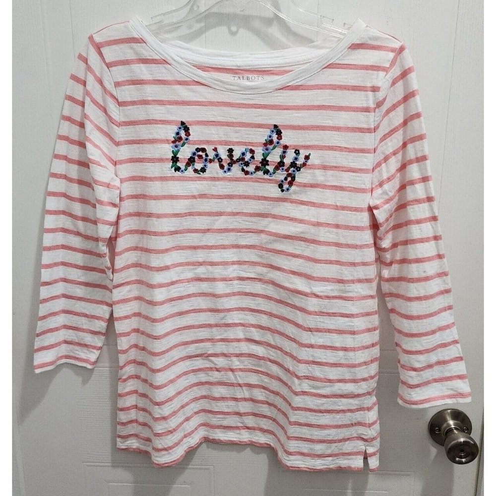 Talbots Women's 3/4 Sleeve T Shirt Top Pink White Striped "Lovely" Embroidered M